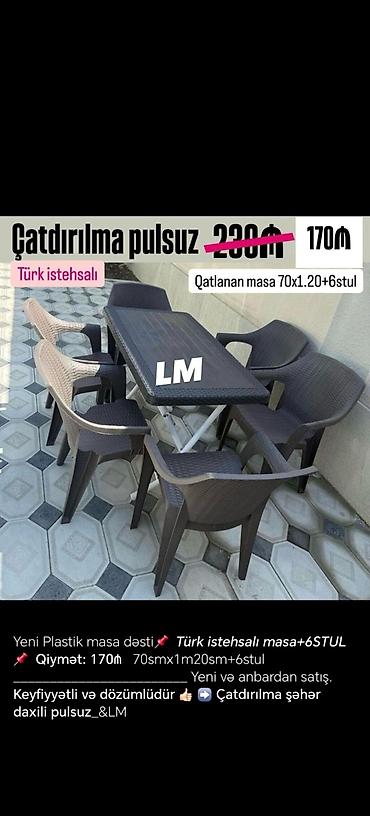 turk sekiller: Türk istehsalı olan qatlanan masa və 6 stuldan ibarət dəst. Masa 70 sm — 4
