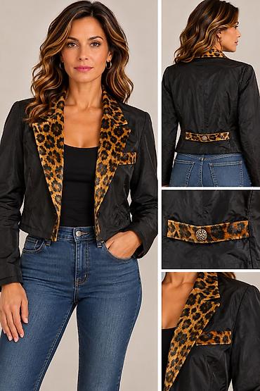 tigraste helanke: Ženski kratki sako sa leopard print detaljima - Boja: crna sa leopard — 1