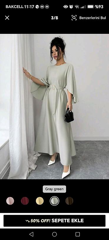 tutun siqaret: Zərif maxi don – “gray green” rəng - Model: A-kəsim, axıcı ətəkli uzun — 4