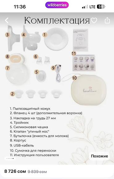 Товары для новорождённых: Портативный электрический молокоотсос Fioralina с сумкой (новый) — 7