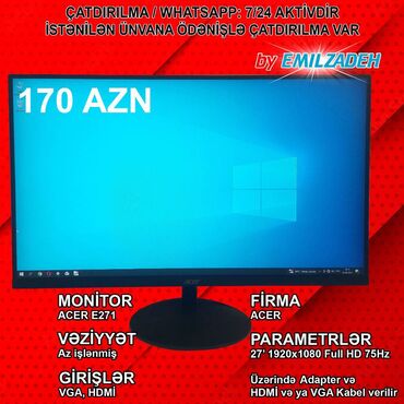 Monitorlar: Monitor "27’ Acer E271 Full HD 75hz" 🚚Metrolara və ünvana çatdırılma