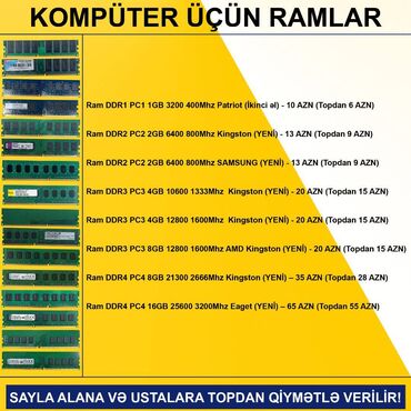 Videokartlar: Kompüter üçün Ramlar (DDR2/DDR3/DDR4) SAYLA ALANA VƏ USTALARA TOPDAN