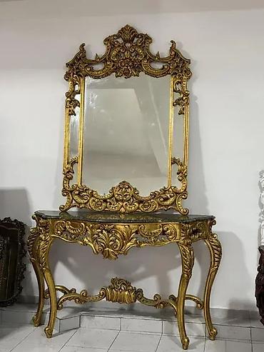 drvena: Konzola sa ogledalom (zeleni mermer) 🪞✨ Dobro stanje. 🏠 Širina 155 — 5