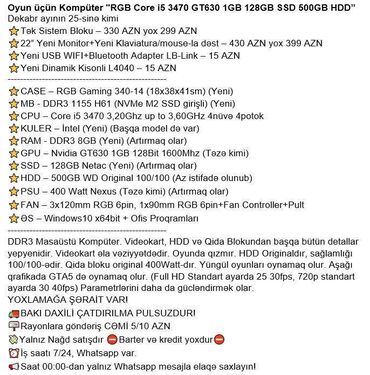 Masaüstü kompüterlər və iş stansiyaları: Oyun üçün Kompüter "RGB Core i5 3470 GT630 1GB 128GB SSD 500GB HDD” — 2