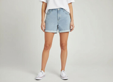krótkie spodenki jeansowe damskie z wysokim stanem: Vintage Denim, Szorty damskie, rozmiar L