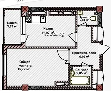brk group: 1 комната, 43 м², Ошский рынок / базар Элитка, 5 этаж, ПСО (под самоотделку) — 1