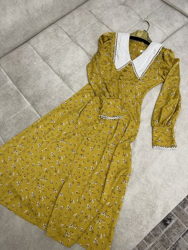 платье желтое: Повседневное платье, Лето, Средняя модель, Шифон, S (EU 36)