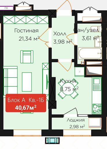 квартиры в районе пишпек: 1 бөлмө, 40 кв. м, Жеке план, Дизайнердик ремонт