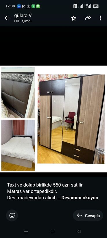 Divanlar: Taxt ve dolab birlikde 550 azn satilir Matras var ortapedikdir. Dest