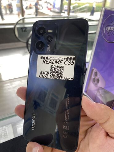 телефоны реалми: Realme C35, Б/у, 64 ГБ, цвет - Черный, 1 SIM, 2 SIM