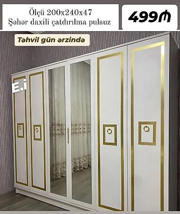 Ev üçün mebel: Ağ-qızılı dizaynlı iri qapılı paltar şkafı - Ölçü: 200 x 240 x 47 sm — 1