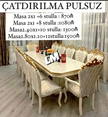 Masa və oturacaq dəstləri: Qonaq otağı üçün, Yeni, Açılmayan, Dördbucaq masa, 6 stul — 24