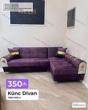 Divanlar: Künc divan – 260×160 sm - Mexanizm: açılan, bazalı (yataq funksiyalı — 1