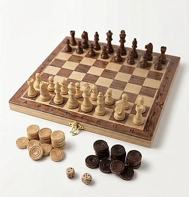 Набор настольных игр 3-в-1 из дерева: шахматы, шашки и нарды/кости