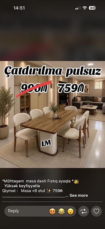 istol: Məhsul: Yemək otağı üçün masa dəsti - Tərkib: Masa + 6 ədəd stul - — 1