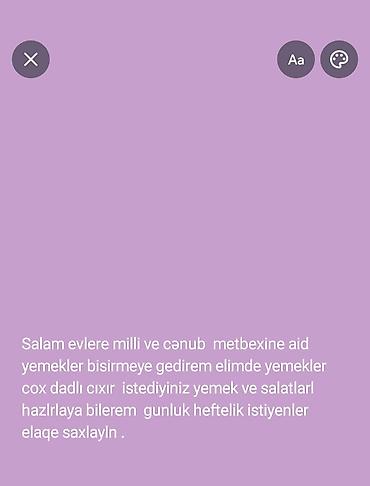 Qida məhsulları: Xidmət: Evlərə gəlmə aşpaz – milli və Cənub mətbəxi Təsvir: - Ev — 1