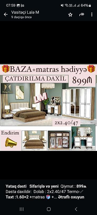 Sifarişlə mebel: *Yataq dəsti* *Sifarişlə və yeni* Qiymət : *899₼* Dəstə daxildir — 2