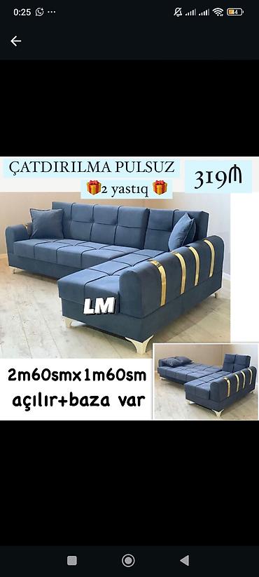 sandıqca: Künc divan – mavi rəngdə, qızılı dekor zolaqları ilə. Ölçü: 2 m 60 sm — 1