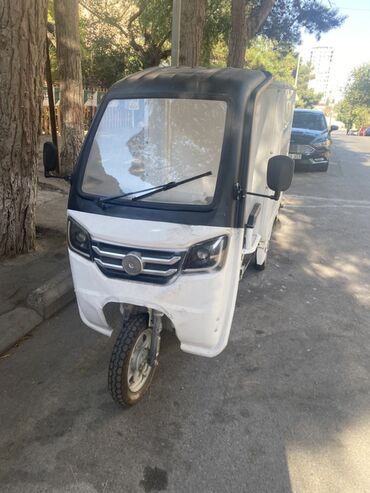 Ağ rəngdə, qara damlı bu elektrik üçtəkərli yük avtomobili şəhər