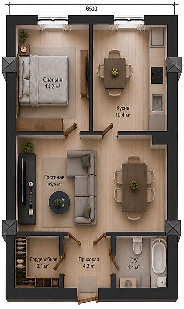 квартира 2х комнатный: 1 комната, 64 м² — 6