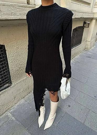 Haljine: Asimetrična rebrasta pletena haljina - Model: uska silueta, dugi — 8