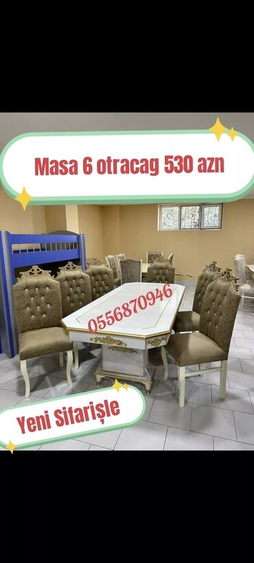 Masa və oturacaq dəstləri: Qonaq otağı üçün, Yeni, Açılan, Dördbucaq masa, 6 stul — 23