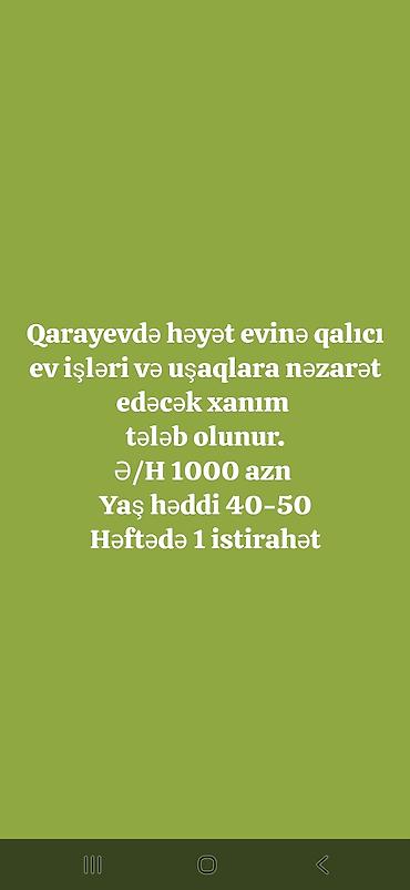 Xadimə tələb olunur, 30-45 yaş, 6/1, Aylıq ödəniş