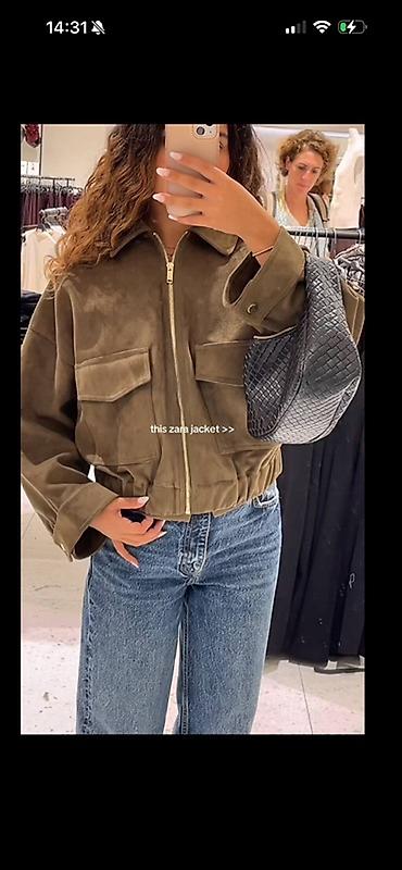 замшевый пиджак: Куртка-жакет Zara из мягкого материала под замшу, цвет хаки/оливковый — 1