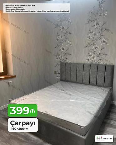 matras olculeri: Məhsul: Çarpayı Ölçü: 160 × 200 sm Qiymət: 399 ₼ Xüsusiyyətlər: - — 1