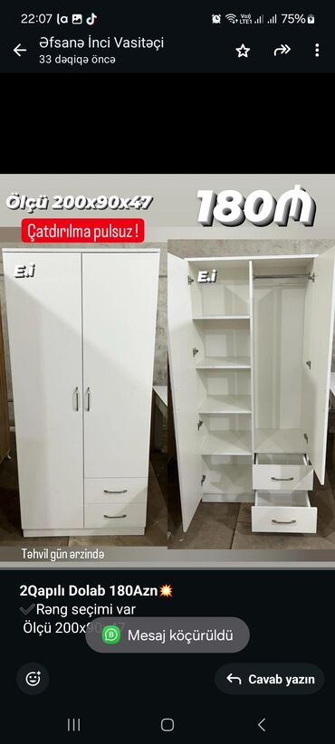 şkaflı ütü stolu qiymeti: *2Qapılı Dolab 180Azn💥* ✔️Rəng seçimi var Ölçü 200x90x47 ✔️ *Şəhər