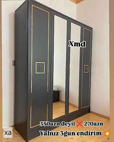 Qarderob şkafı – 4 qapılı, güzgülü model - Rəng: tünd boz (qızılı