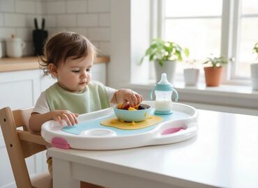 Yemək masaları, oturacaqları: Uşaq yemək stulu - Rəng: ağ/gri çərçivə, çəhrayı-boz nöqtəli parça — 8