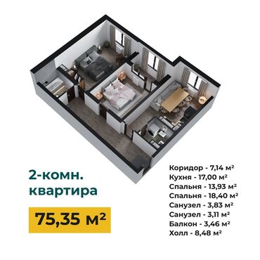 каракол квартиру: Курулуп жатат, Жеке план, 2 бөлмө, 75 кв. м