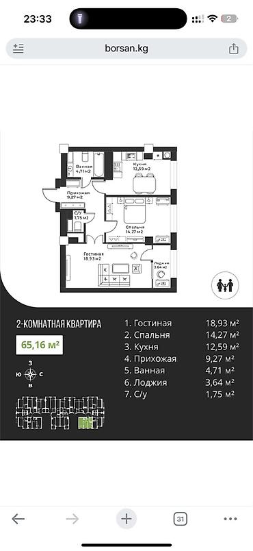 Продажа квартир: 2 комнаты, 65 м², ул. Карла Маркса Элитка, 9 этаж, ПСО (под самоотделку) — 2
