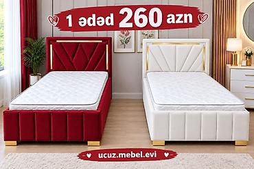 Tək nəfərlik yumşaq üzlü çarpayı modeli. Qırmızı və ağ rəng