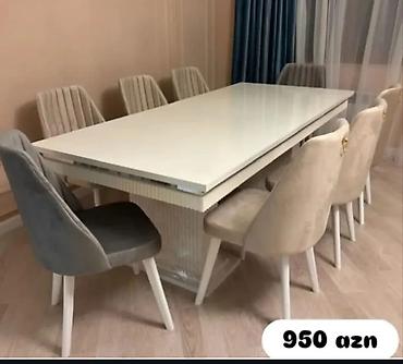 yemek termosu: 1.Yemək otağı üçün şık dəst – ağ rəngli düzbucaqlı masa və 8 ədəd — 1