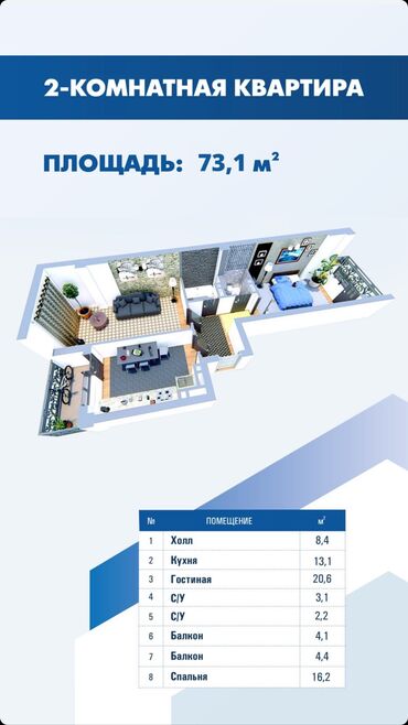 acob construction: 2 комнаты, 73 м², Элитка, 5 этаж, ПСО (под самоотделку)