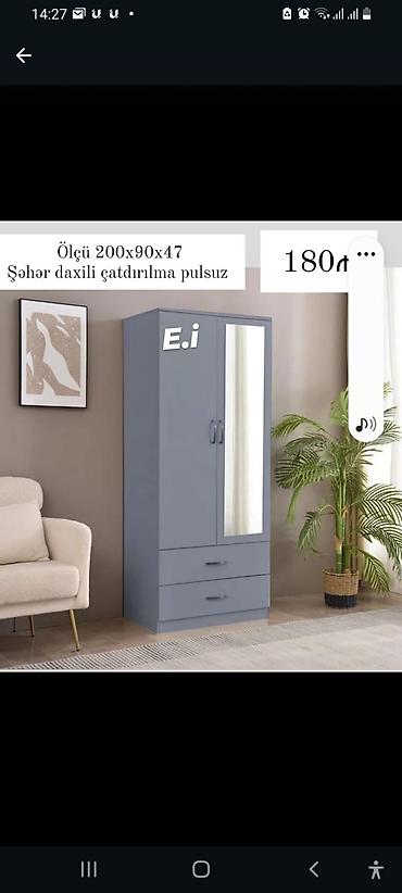 Güzgülü iki qapılı dolab - Ölçü: 200 x 90 x 47 sm - Rəng: boz - Ön