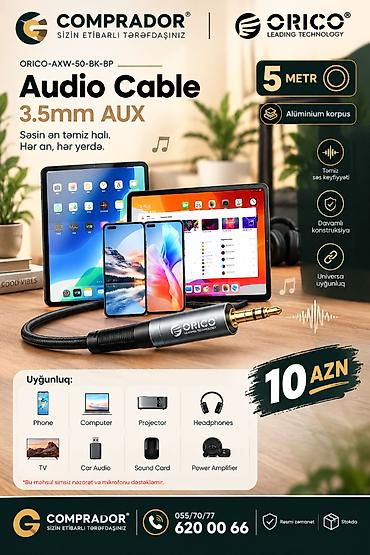 🔌 Orico-AXW-50-BK-BP (5 metr) audio kabeli smartfonlar, kompüterlər