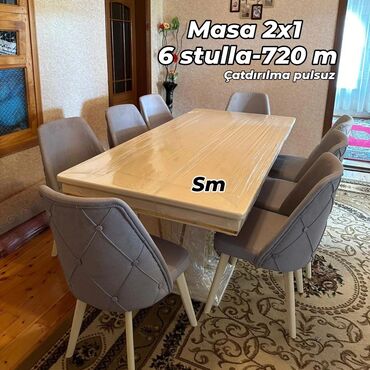 Masa və oturacaq dəstləri: Qonaq otağı üçün, Açılmayan, Dördbucaq masa, 6 stul — 16