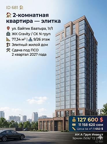 2 комнаты, 77 м², Асанбай мкр Элитка, 9 этаж, ПСО (под самоотделку)