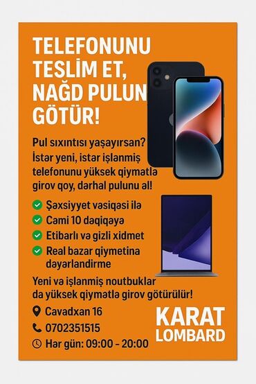 Başqa xidmətlər: Lombard xidməti həm yeni, həm də işlənmiş mobil telefonların və