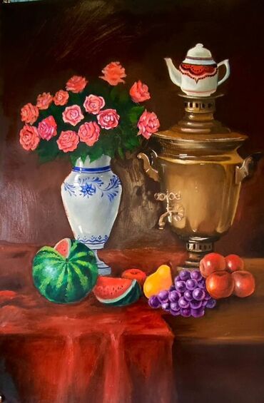 qurbağa şəkli: Yağlı boya tablo – “Natura Morta: Samovar və Güllər” - Texnika: kağız