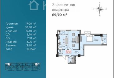 пол дома бишкек: 2 комнаты, 70 м², Элитка, 10 этаж, ПСО (под самоотделку)