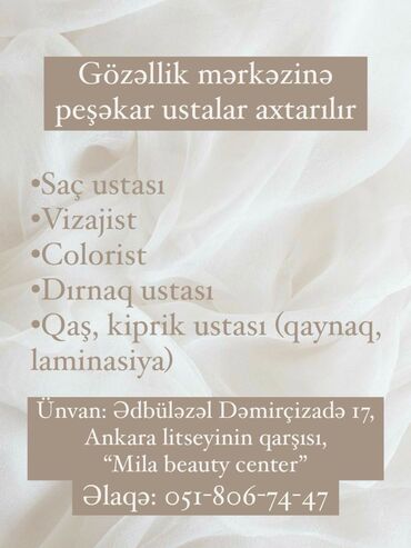 Saç ustaları: Saç ustası tələb olunur, Faiz, 3-5 illik təcrübə