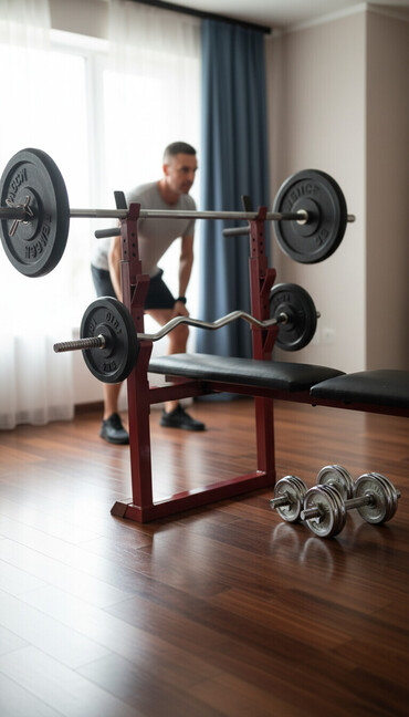 Rekviziti za vežbanje: Višenamenska klupa za vežbanje sa stalkom za šipku i setom tegova. - — 1