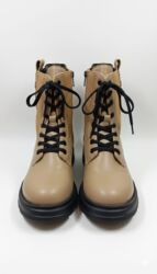 женские валяные тапочки: Bej rəngli qadın dəri botlar - Model: bağlamalı + yan tərəfdə fermuar