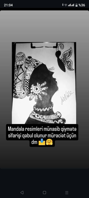 Şəkillər, tablolar: Qara və ağ rənglərdə olan bu mandala rəsmi, qadın profilini və