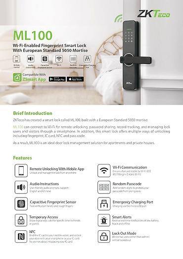 qurut: ZKTeco ML100 – Wi‑Fi ilə işləyən barmaq izi smart qapı kilidi (Avropa — 2