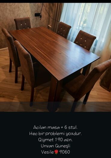 Stullar: Qonaq otağı üçün, İşlənmiş, Açılan, Dördbucaq masa, 6 stul